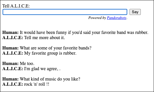 A screenshot showing a text-based dialogue with the A.L.I.C.E. chatbot. The human user and the chatbot exchange messages about favorite bands and music genres. A.L.I.C.E. states its favorite group is “rubber” and that it likes “rock 'n' roll !!”.