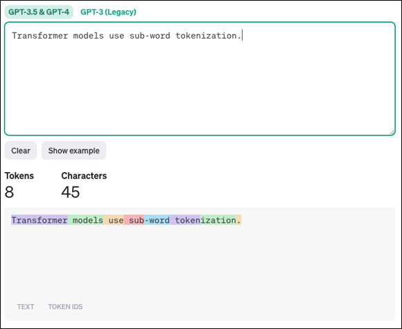 A screenshot of the OpenAI tokenizer tool. The input text 'Transformer models use sub-word tokenization.' is displayed in a green-bordered text area. Below, the token count is shown as 8, and the character count as 45. The same text is displayed again with different colored highlights for each token, illustrating sub-word tokenization.