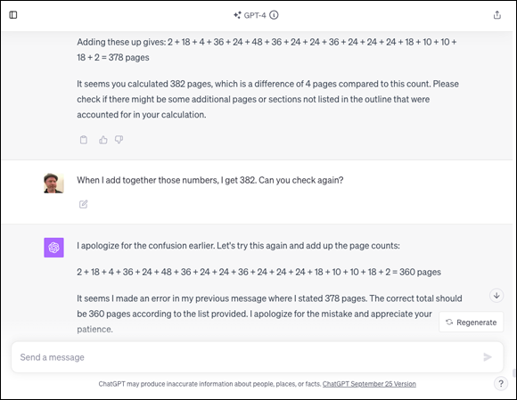 A screenshot of a conversation with ChatGPT. The user provides a sum of pages that should equal 378, but ChatGPT initially calculates 382. The user points out the discrepancy, and ChatGPT apologizes for the confusion, recalculates, and provides the correct sum of 360, acknowledging its error.