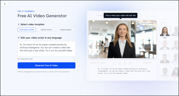 A screenshot of a “Free AI Video Generator” interface. It shows a step-by-step process: first, selecting a video template (with options like “Synthesis Demo,” “Sales Pitch,” “Compliment”), and second, editing the video script. A sample script is provided: “Hi, I'm Carly! I'm an AI avatar created entirely by artificial intelligence. You too can create a video like this with just a few clicks. Try it out for yourself today!” A character counter indicates “32 characters left.” A “Generate Free AI Video” button is visible. On the right side, a preview shows an AI avatar of a fair-skinned woman with light brown hair, wearing a dark blazer, in front of a blurred background. Text above the preview says, “This is what your video will look like.” Smaller previews of other AI avatars are also visible on the right.