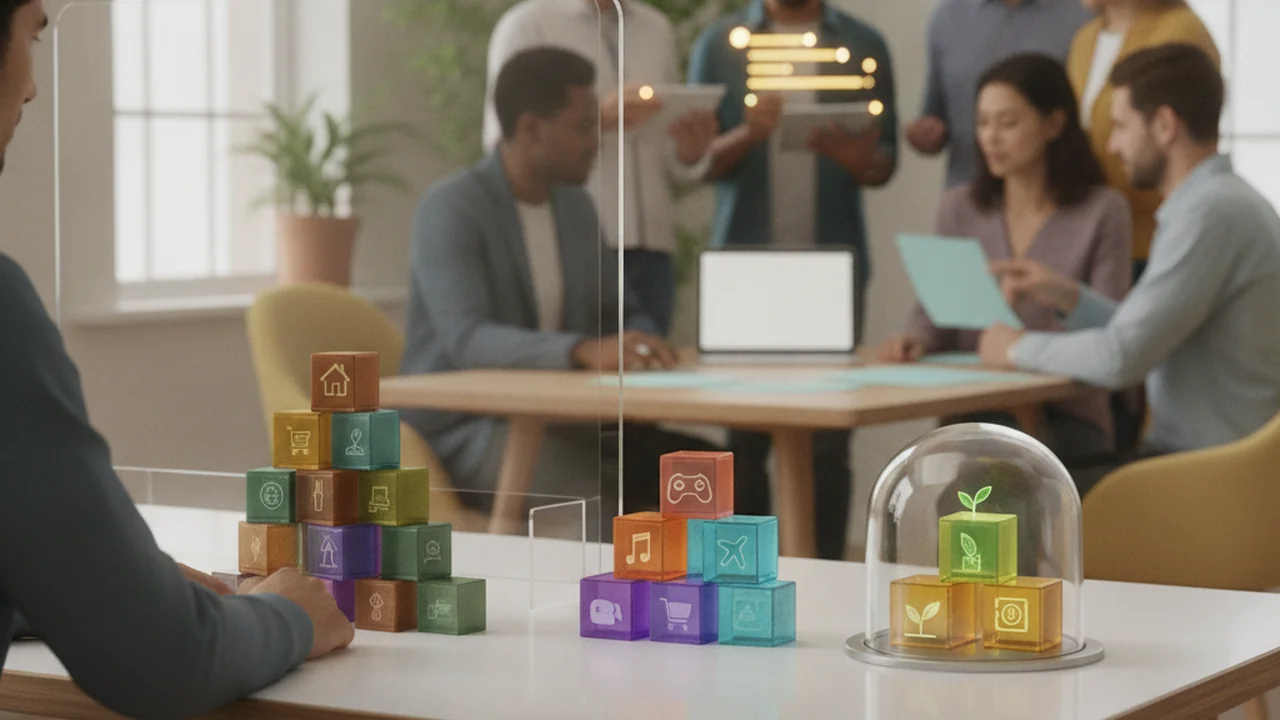 A person at a modern desk with three distinct, organized piles of abstract currency blocks
