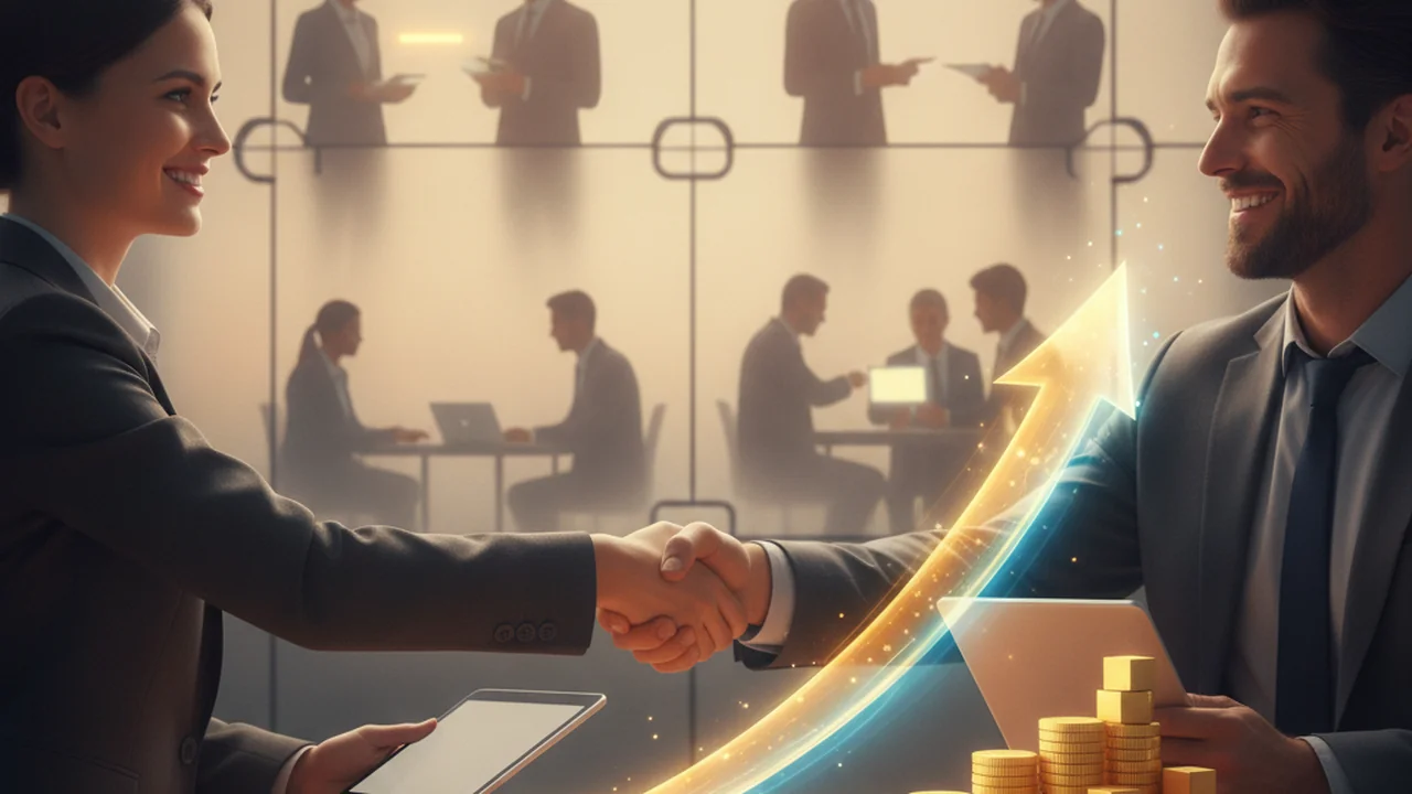 A sales professional (e.g., a car salesperson or real estate agent) is confidently shaking hands with a satisfied client over a desk in a sales environment