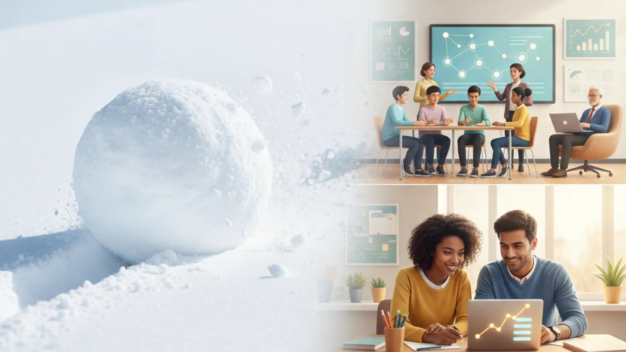 A large, heavy snowball rolling rapidly down a gentle, snow-covered hill