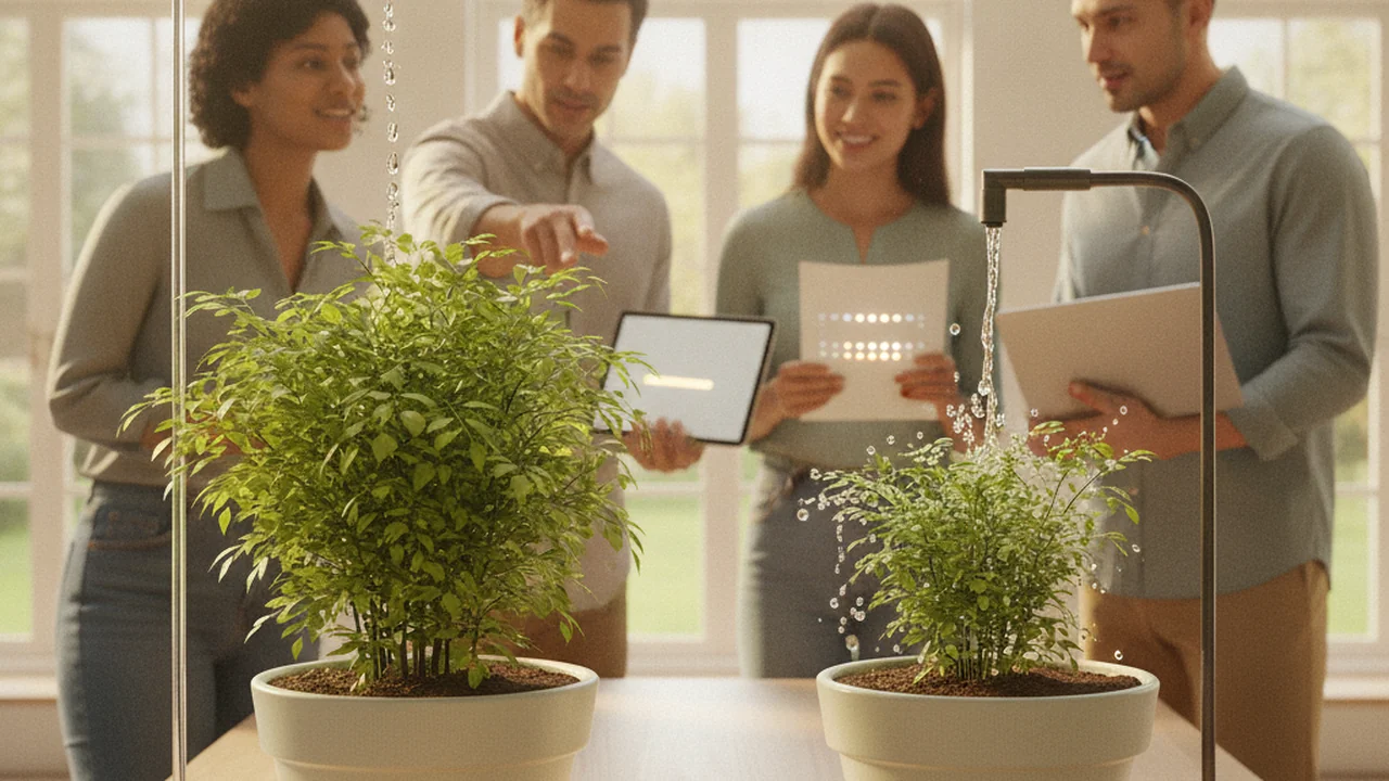 Two identical potted plants are placed side-by-side in a bright, airy setting