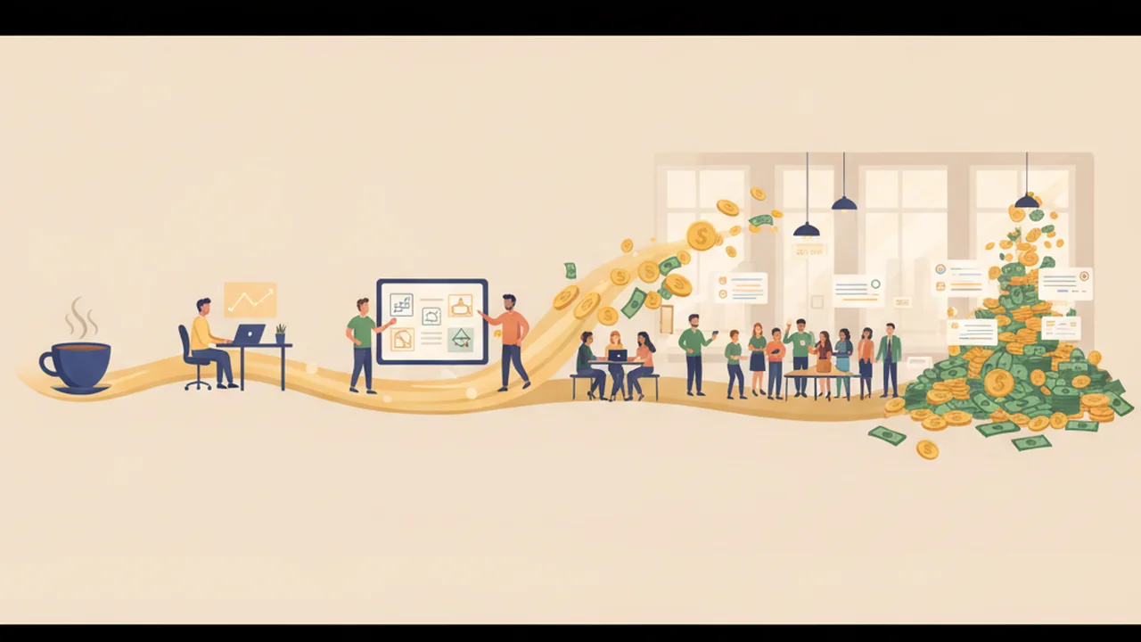 A stylized visual representation of a small, steaming coffee cup at the beginning of a long, curving timeline