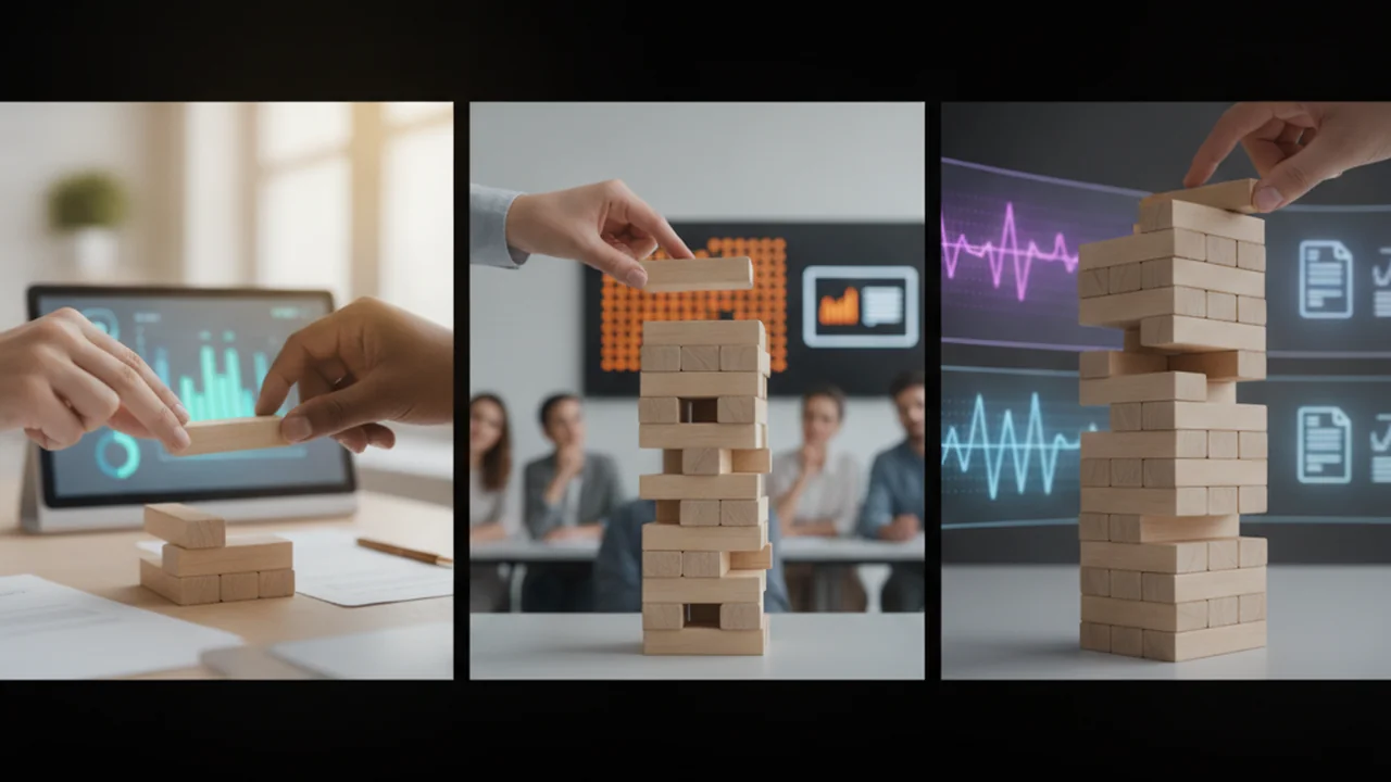 A sequence of hands systematically stacking plain, uniform building blocks to construct a tall, stable tower