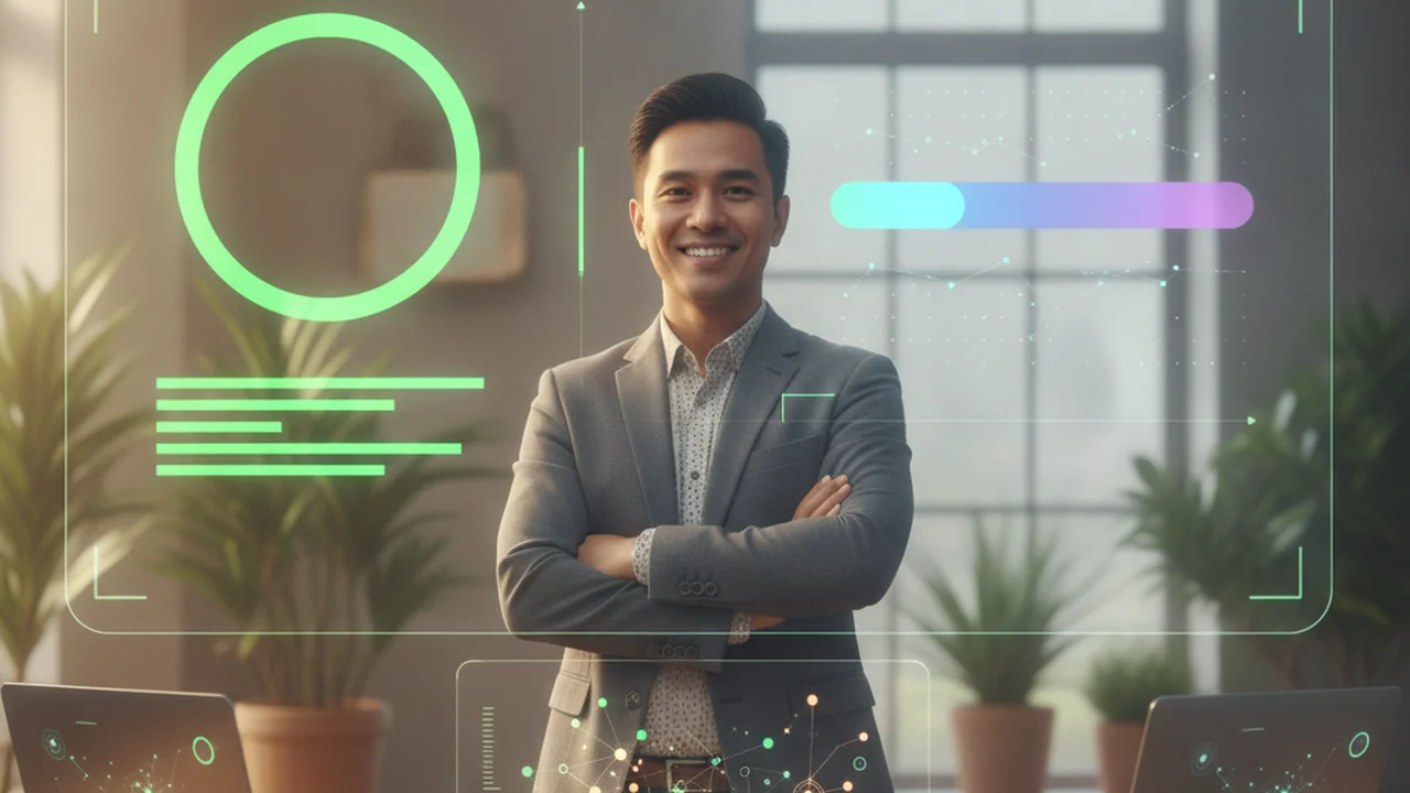 A person (diverse) stands in front of a large, abstract digital display