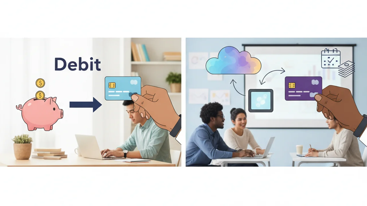 A split image illustrating the fundamental difference between credit and debit