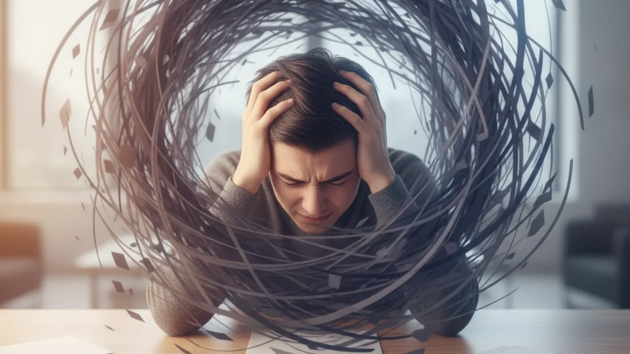 A person sits at a desk, looking overwhelmed and stressed, their hands covering their face or tangled in their hair