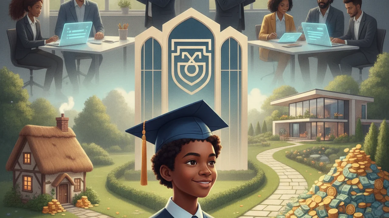 A diverse student in a graduation cap and gown stands at the base of a gently forking path