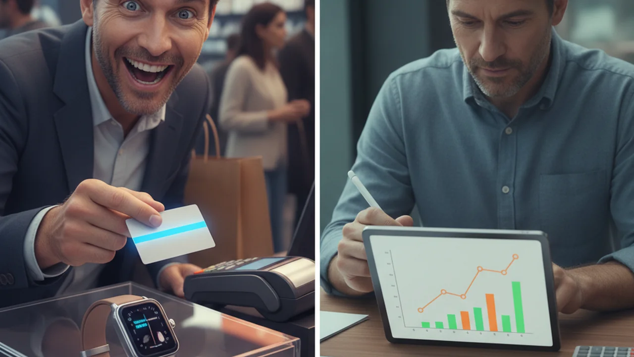 A split image illustrating two contrasting approaches to financial decision-making. On the left side, a person with a st