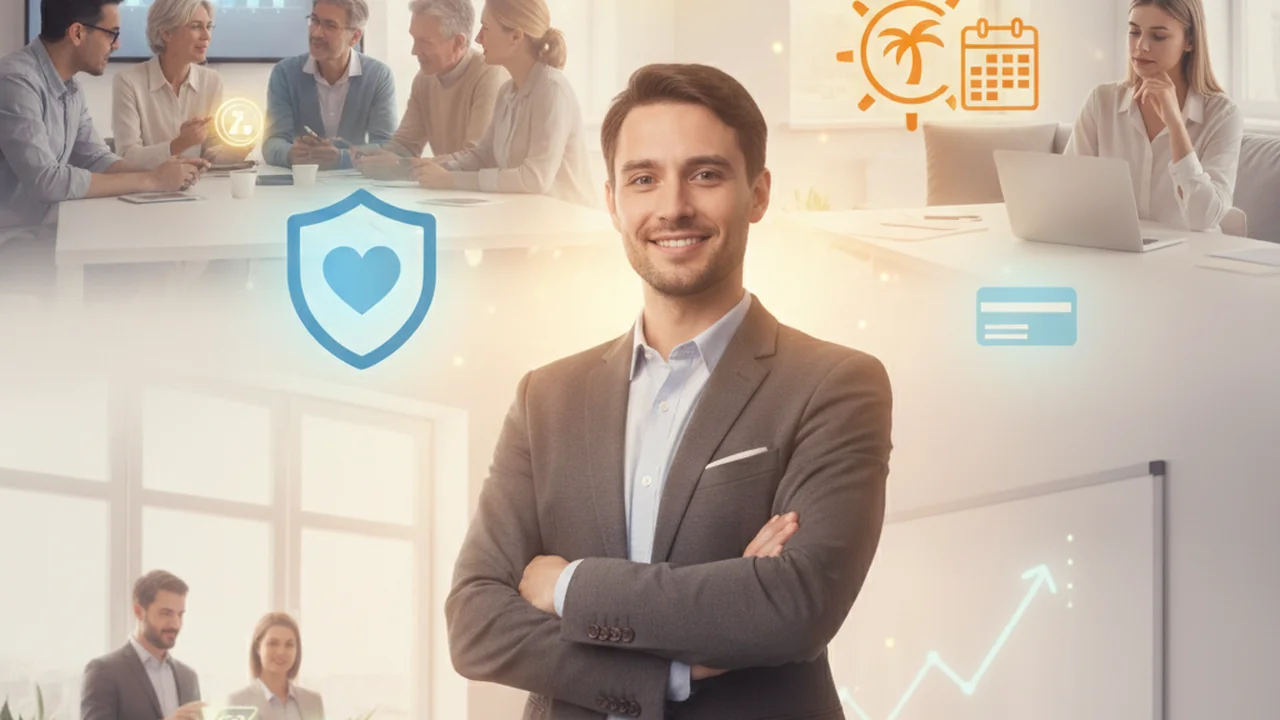 A person standing comfortably and securely, surrounded by a subtle, soft glow from various distinct, abstract icons that represent employee benefits