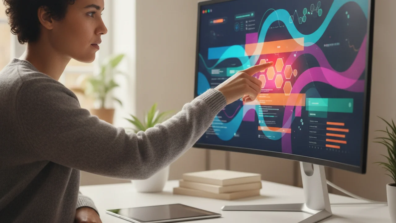 A person sits at a desk, focused intently on a large monitor displaying an abstract graphical representation of a financial report