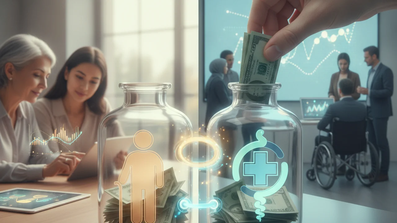 A hand places money into two distinct, interconnected stylized containers
