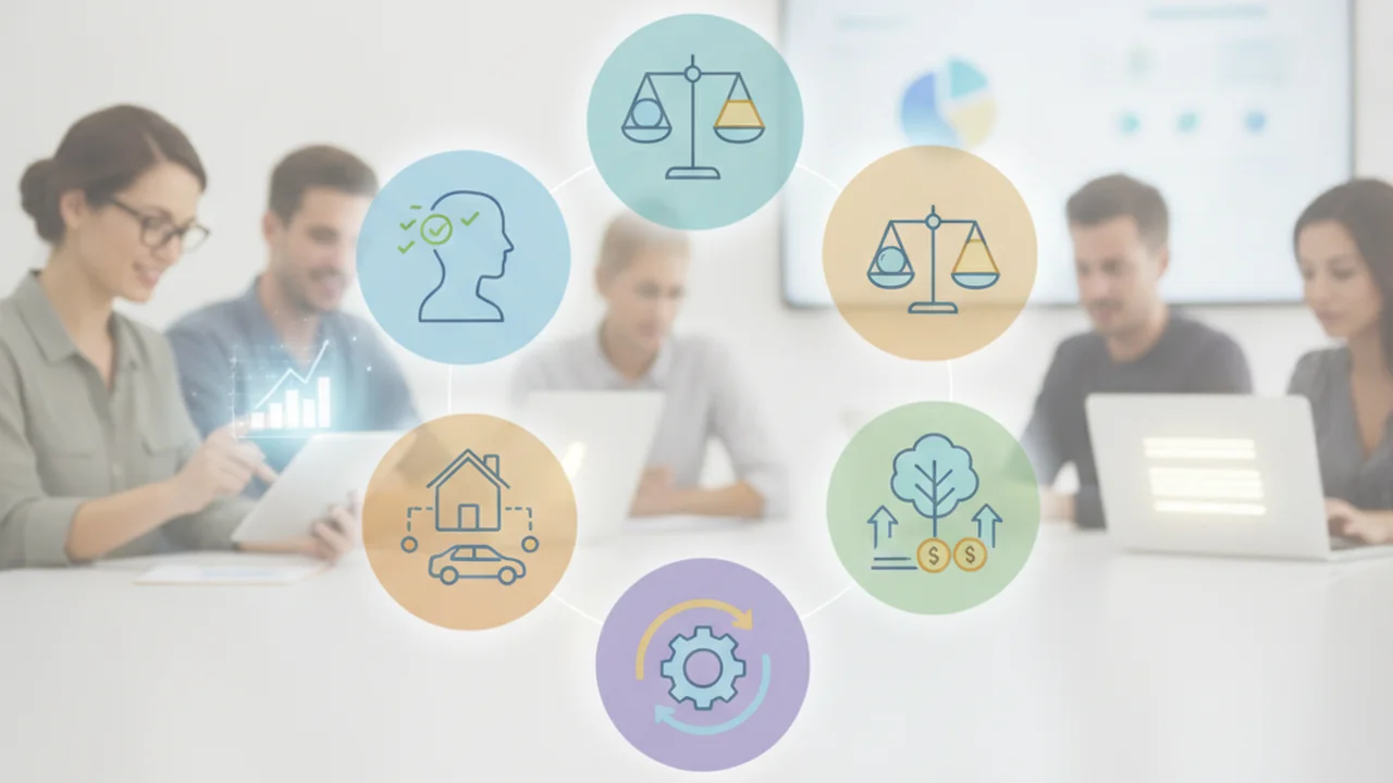 Five distinct, abstract icons arranged in a circular diagram on a clean background