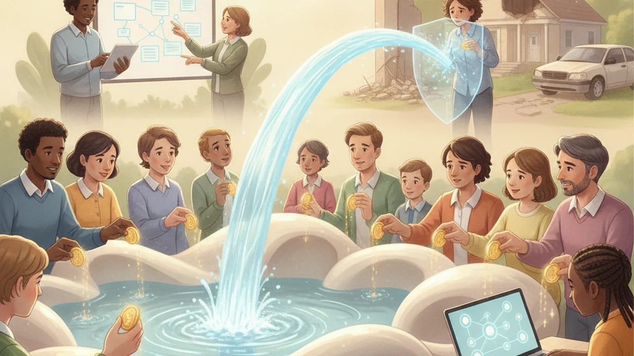 A group of diverse people, each holding a single coin, are gathered around a large, ornate fountain or well