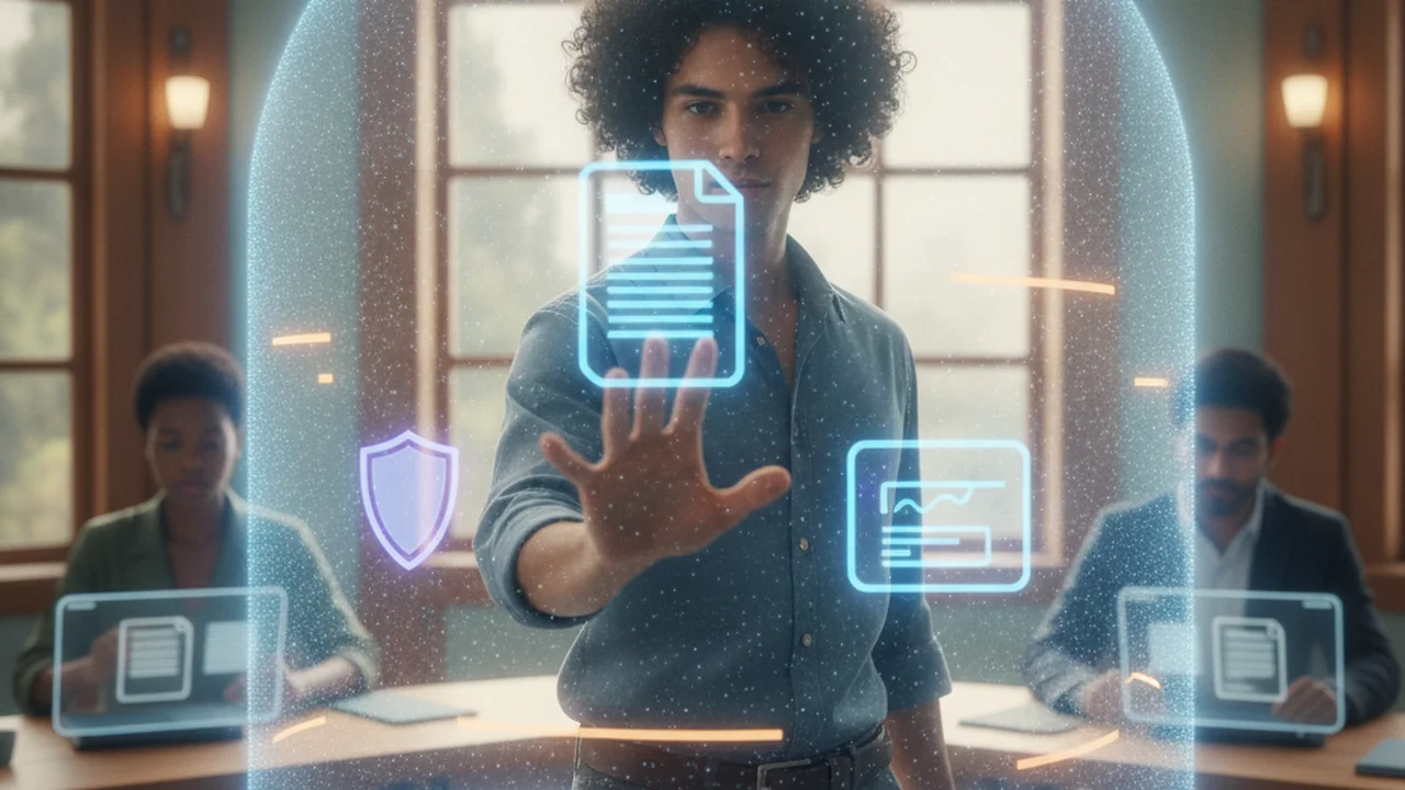 A diverse person confidently stands, their hand outstretched as if activating a control panel or a digital interface