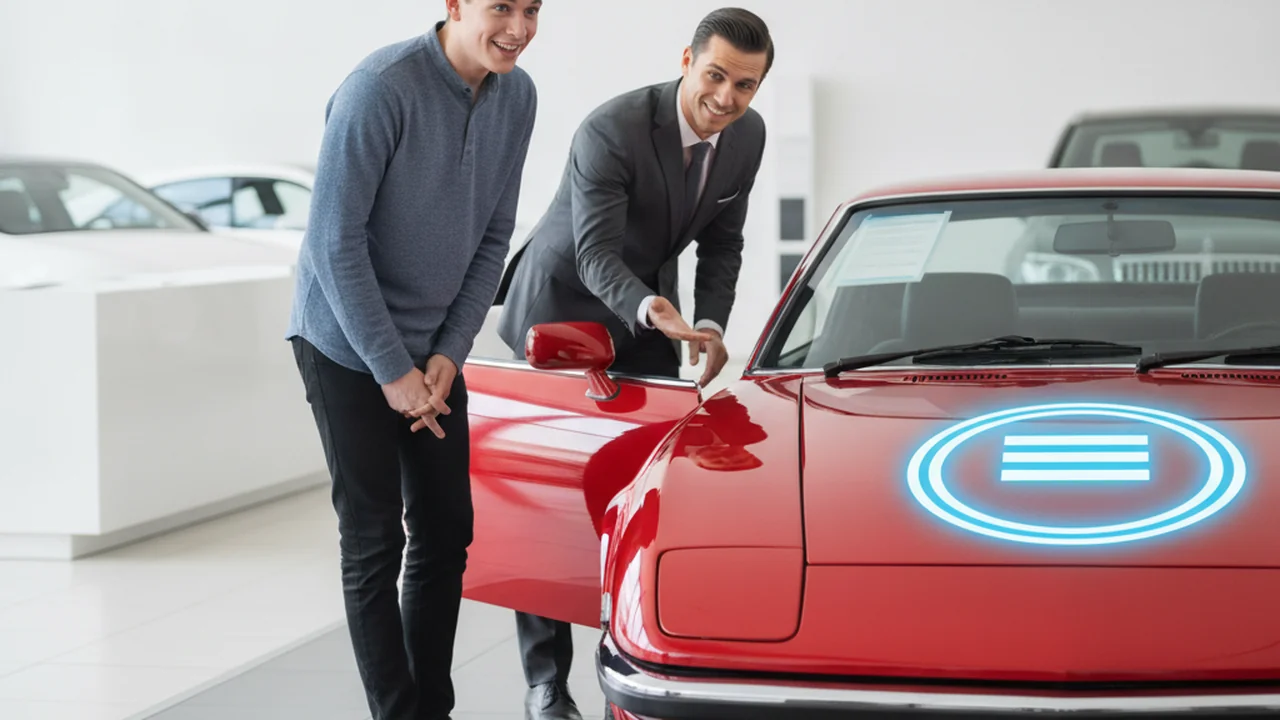 A young adult, looking excited and a little overwhelmed, is standing next to a flashy, slightly older model red coupe in