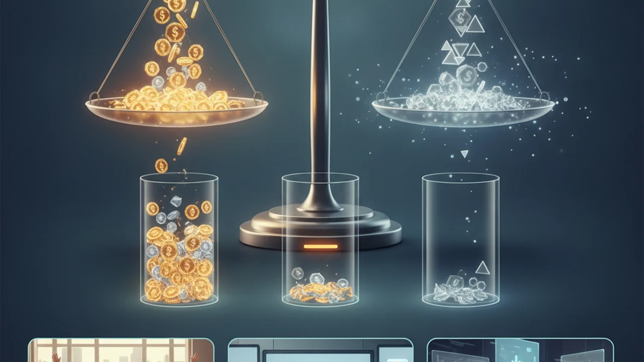 A stylized graphic representing a balance scale