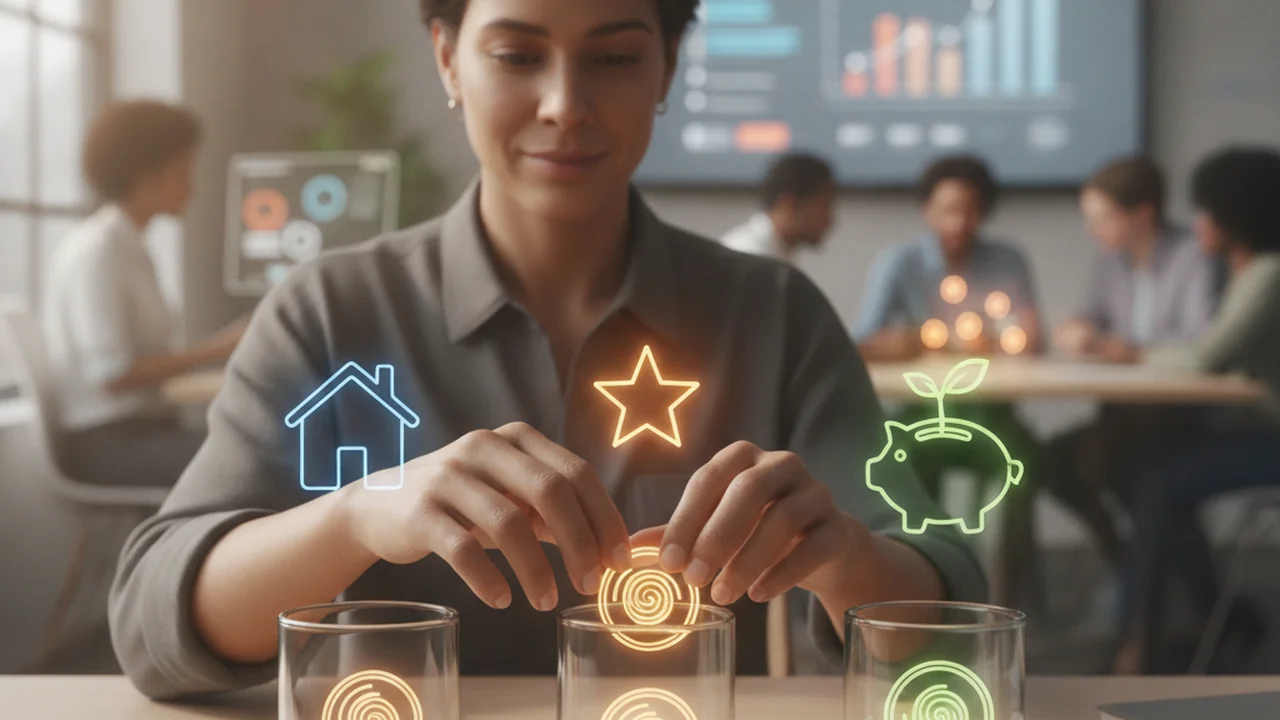 A person with a calm and focused expression is seated at a table, actively sorting and placing abstract coin or bill symbols into three distinct, open containers or sections