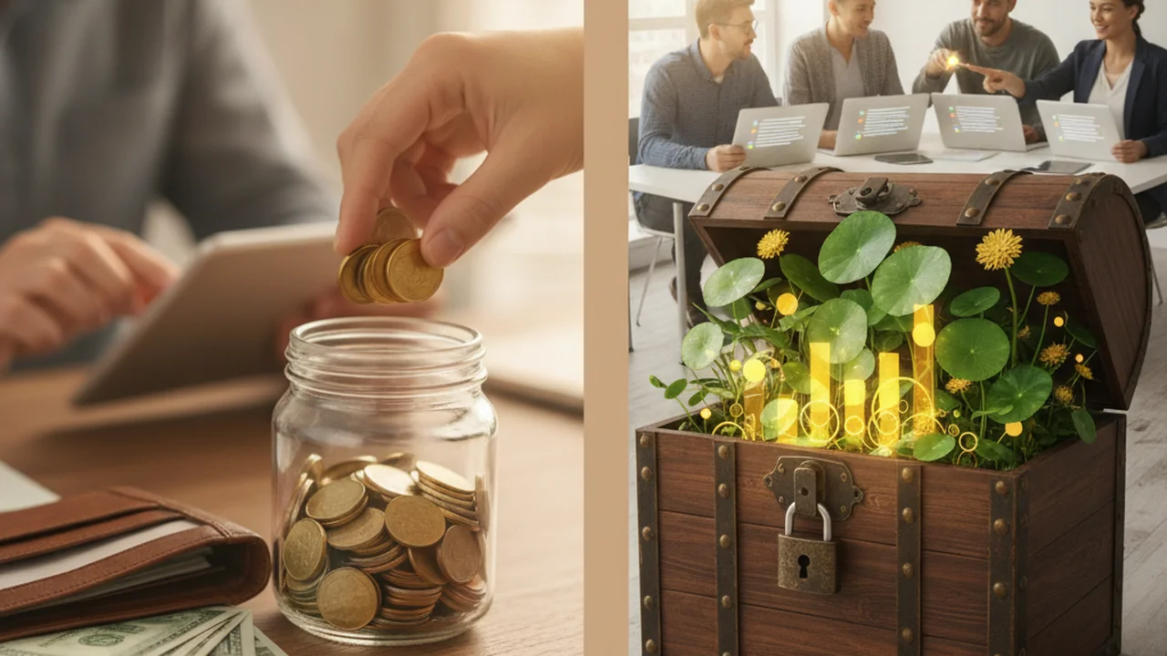 A split frame. On one side, a hand easily scoops coins and bills from a clear glass jar or open wallet, suggesting quick access. On the other side, a secure, locked wooden chest or small safe has a vi