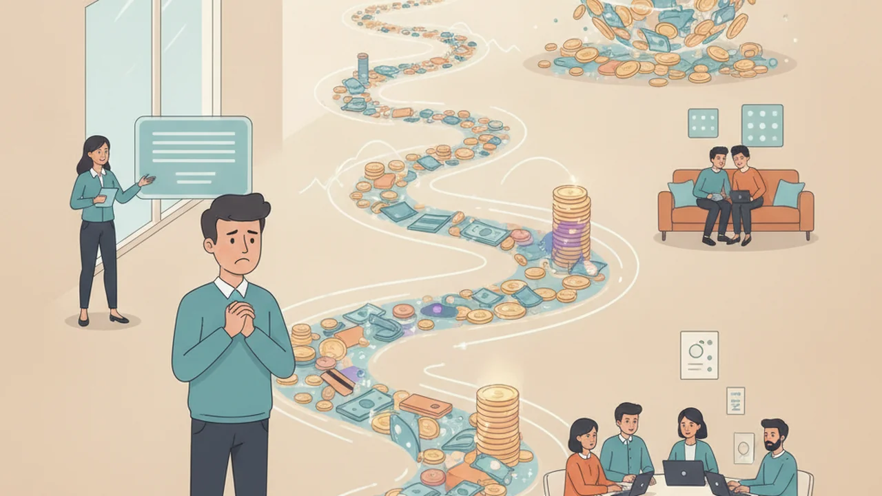 A person appearing stressed, standing before a long, winding path or river of abstract currency (representing payments) that originates from a small initial item like a shopping bag