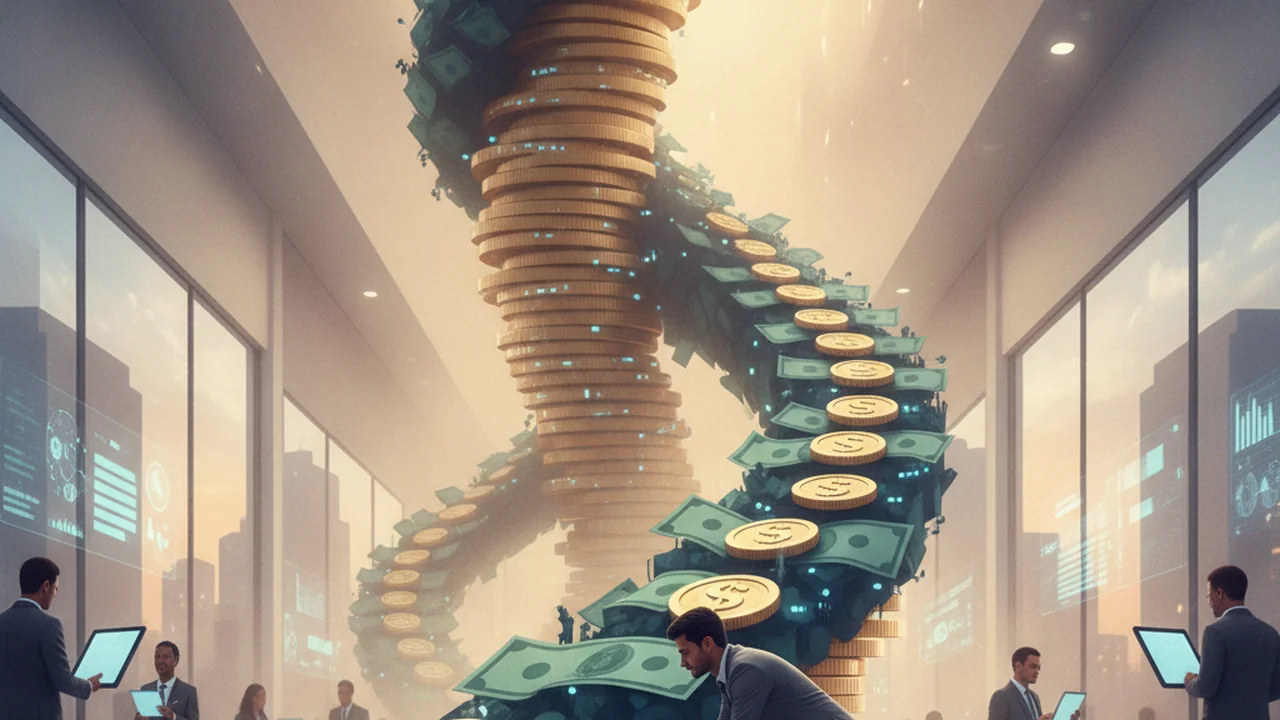 A person (diverse) is at the base of a towering, spiraling structure made of stacked abstract money shapes (like coins or bills)