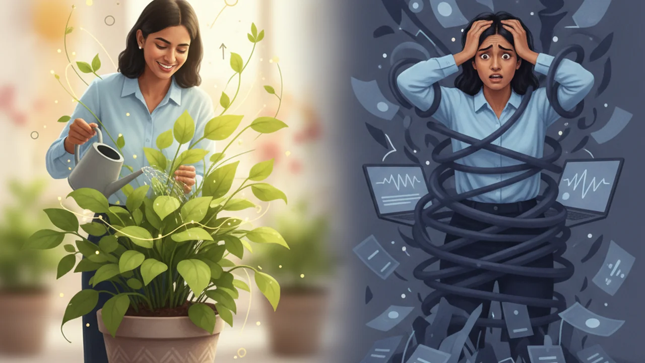 A split image. On the left side, a person is happily tending to a thriving, green potted plant that is growing vigorously, symbolizing a positive unintended financial consequence like a soaring asset