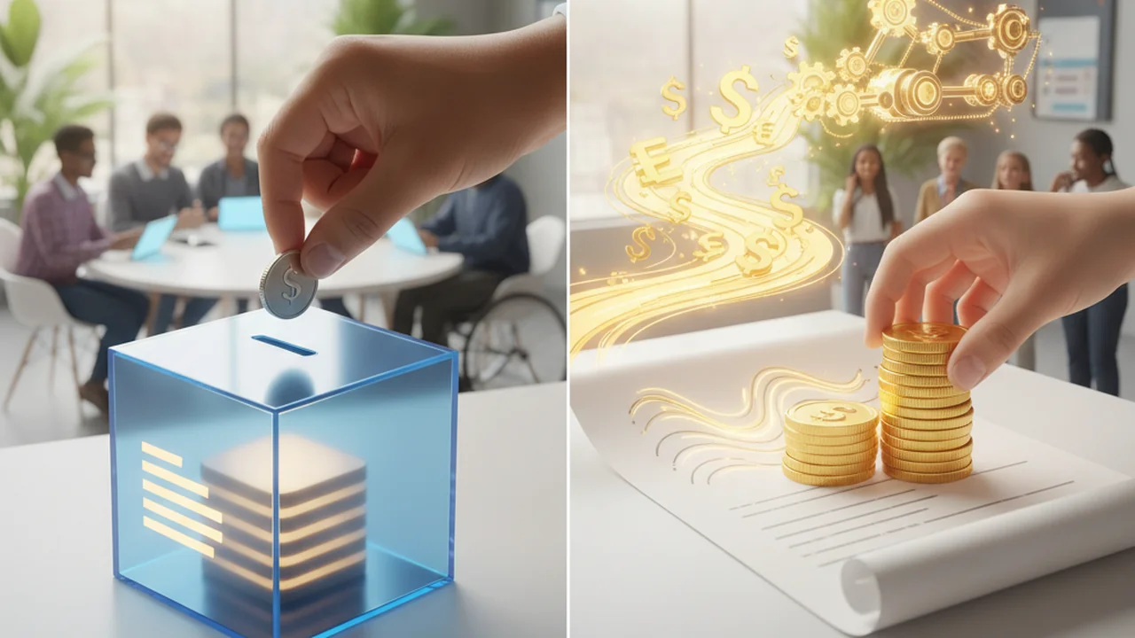 A visual split. On the left side, a hand regularly places a small, uniform coin into a savings slot of a secure, abstract box, representing regular premium payments. On the right side, a different han
