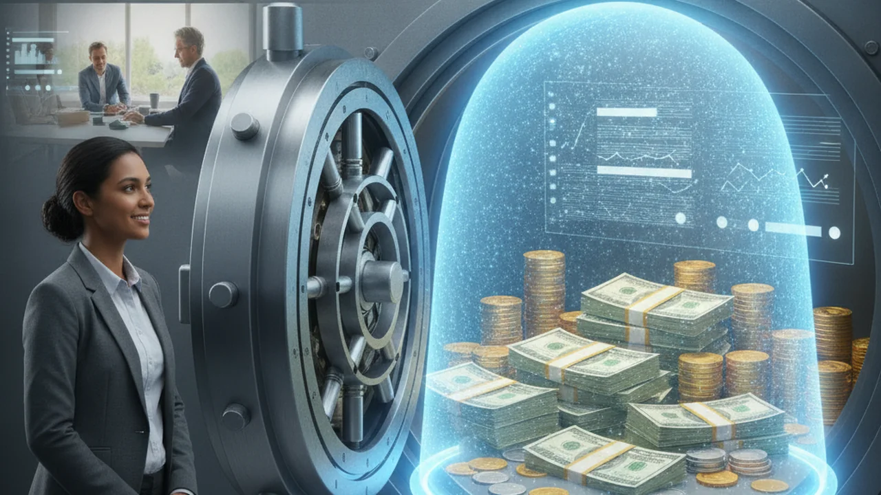 A secure, stylized bank vault door, slightly ajar, revealing orderly stacks of paper currency and coins inside