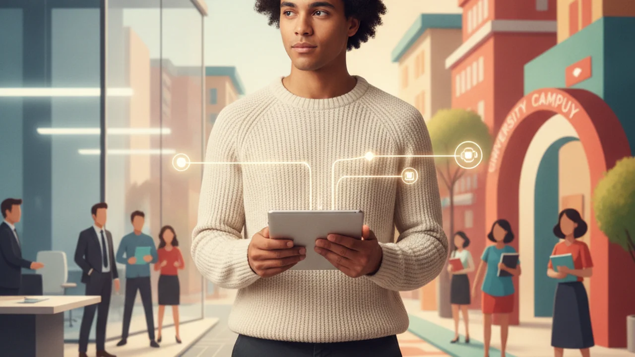 A diverse young adult stands thoughtfully between two visually distinct options, symbolizing a financial decision point