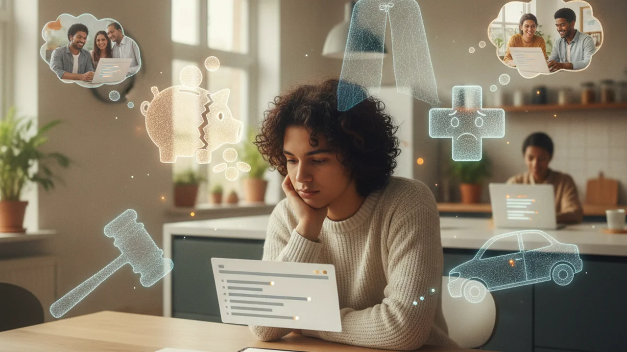 A person sits at a kitchen table, looking thoughtfully at a stack of bills and a simple budget spreadsheet