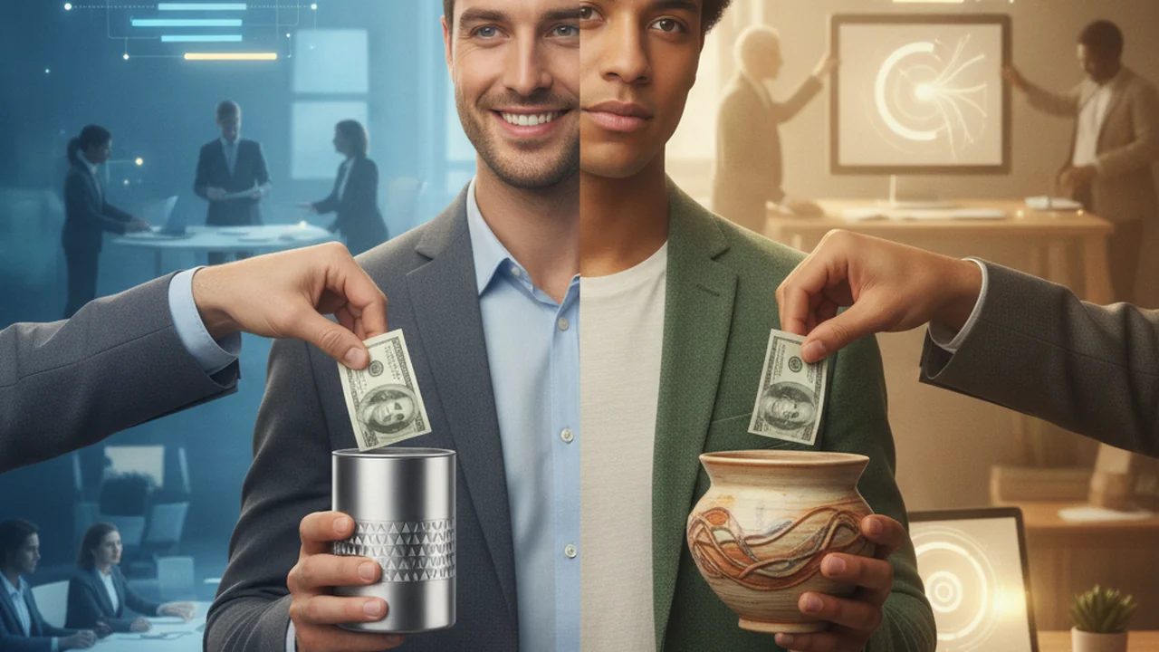 A young adult (diverse ethnicity) stands between two distinct financial pathways