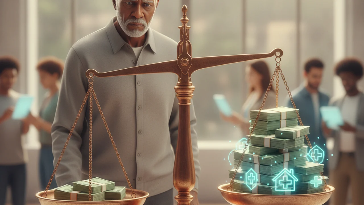 An older person (around 70 years old, diverse ethnicity) with a concerned expression, stands next to a large, traditional balance scale