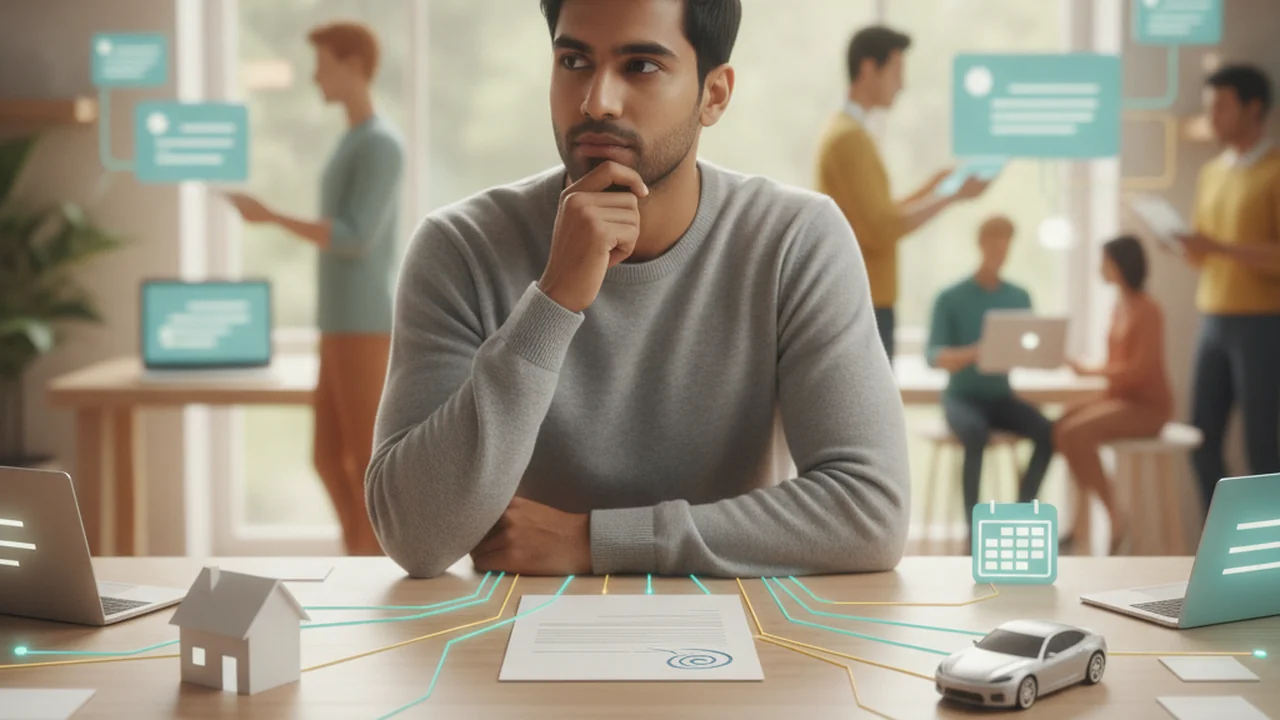 A person sits at a desk, looking thoughtfully at a single document they've just signed