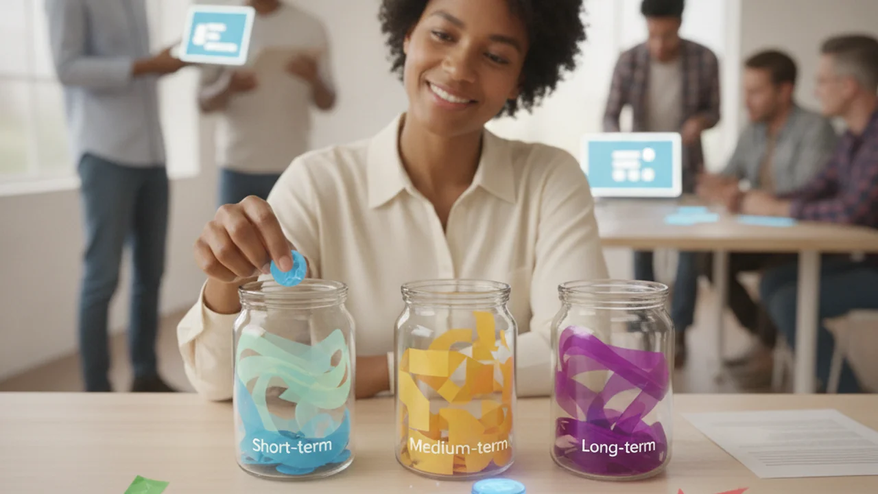 A person is actively organizing various financial elements on a clean desk surface