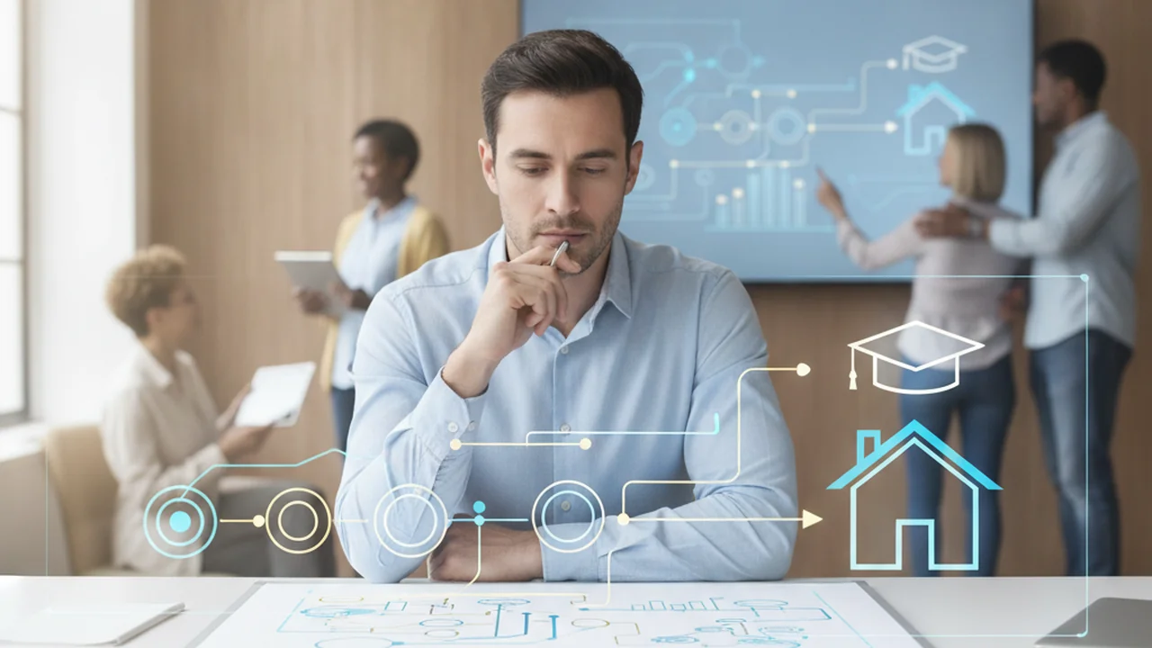 A person at a clean desk, focused, looking at a whiteboard or large paper where abstract symbols and shapes represent a clear, specific financial plan leading to a distinct future goal, like a house i