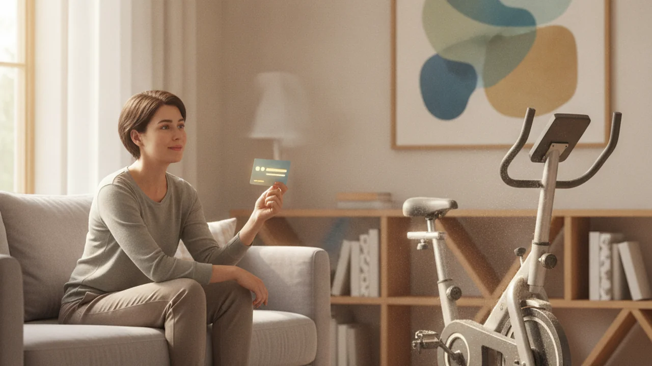 A person sits on their living room couch, looking at an unused, dusty home exercise bicycle in the corner of the room