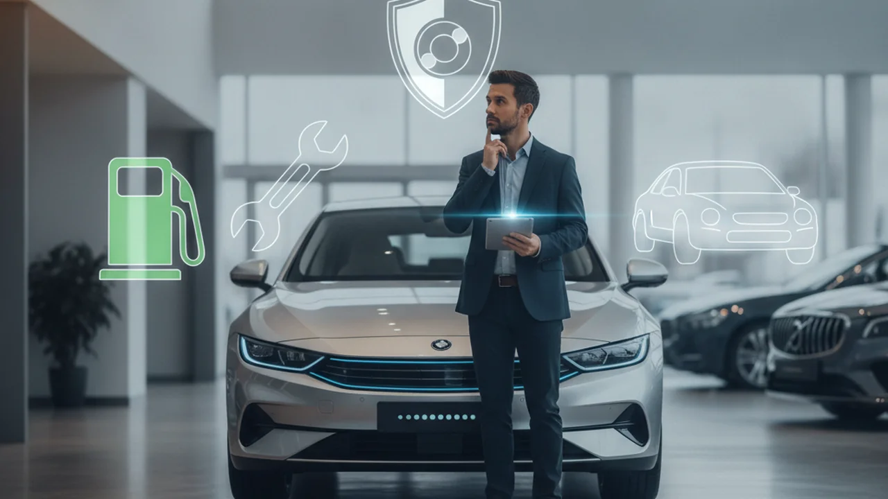 A person stands in a modern car showroom, looking at a new car with a discerning expression