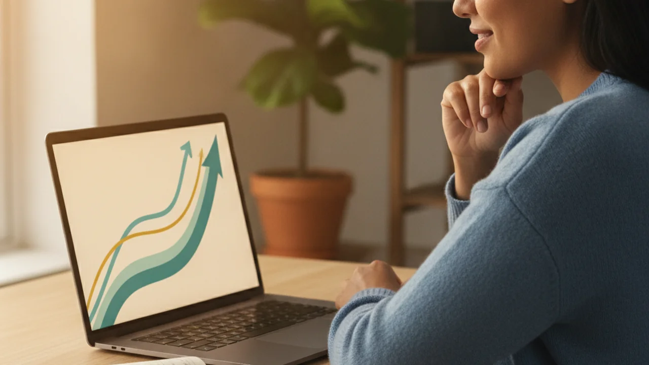 A person is looking at a laptop screen displaying an abstract line graph that shows a clear upward trend, symbolizing increasing savings