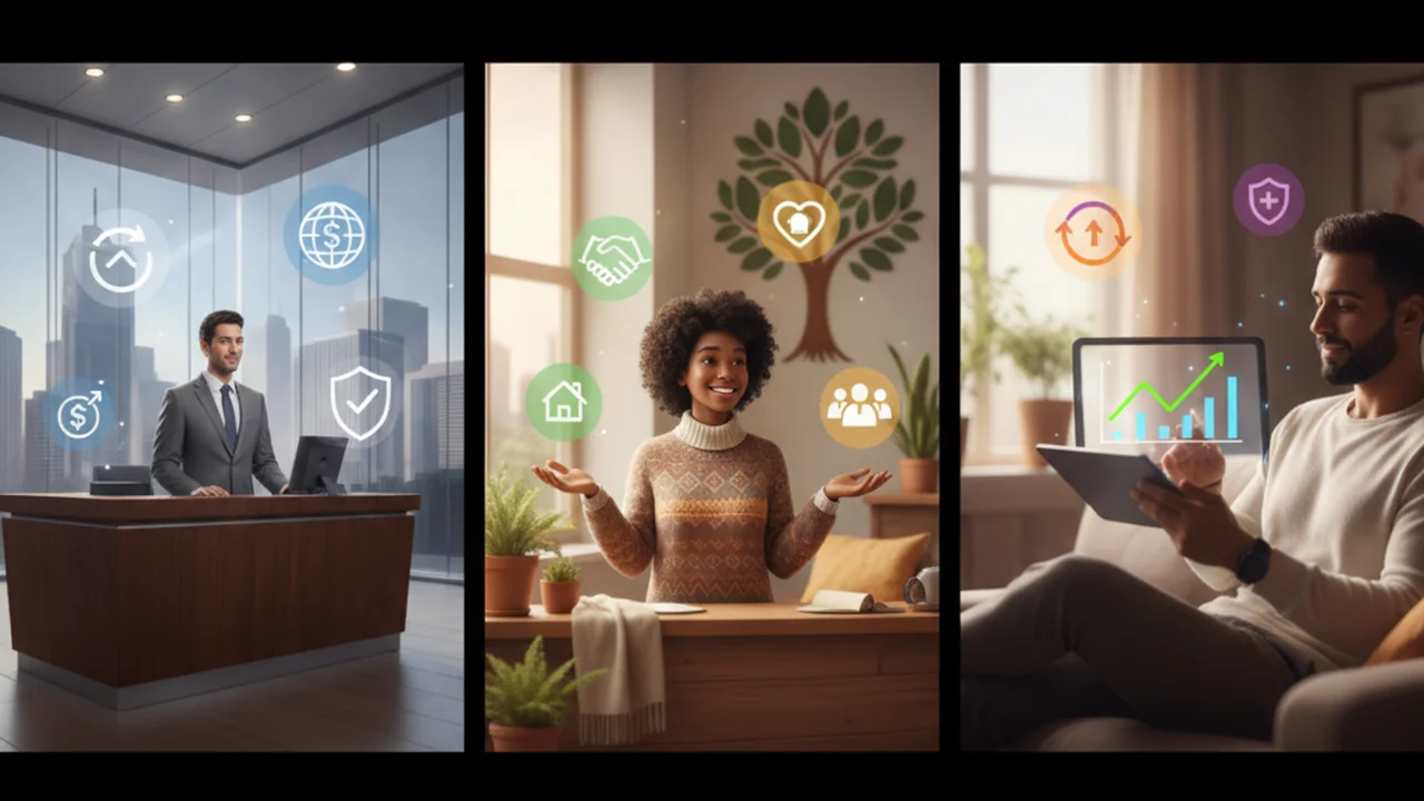 A triptych image comparing three different financial institution settings