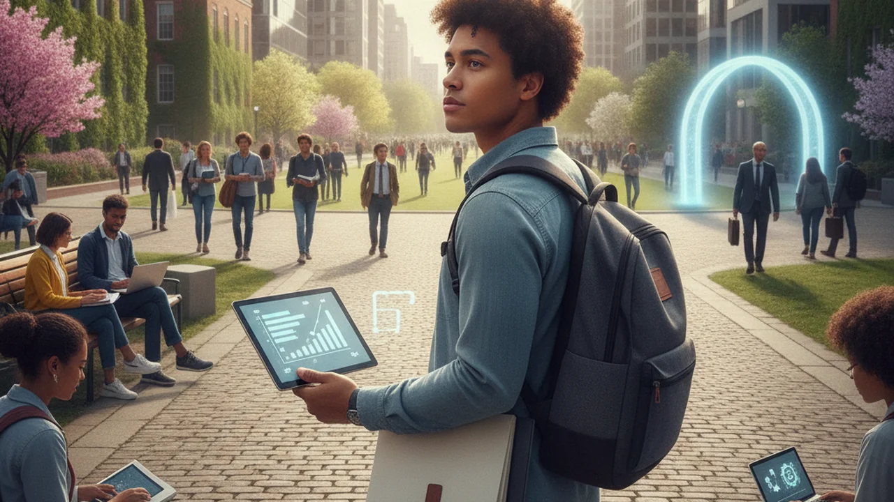 A diverse young adult stands at a fork in a path, looking towards one direction that leads to a vibrant, bustling university campus scene with students, books, and academic buildings