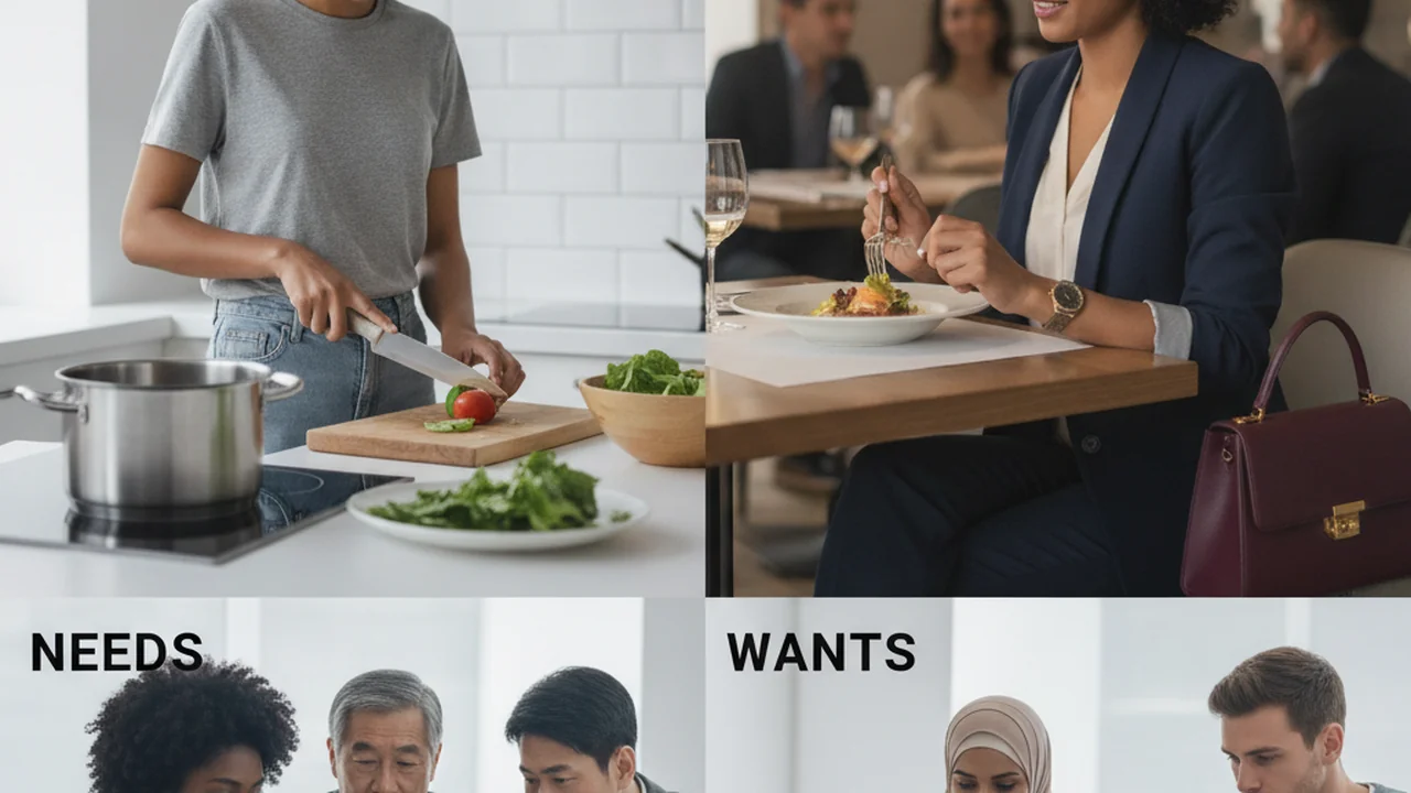 A split image visually contrasting "wants" and "needs." On the left, a person is preparing a simple, nutritious meal in a functional kitchen, wearing practical, everyday clothing