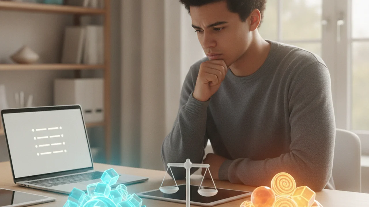 A young adult sitting at a desk, looking thoughtfully at two distinct piles of abstract items or conceptual symbols laid out on the table in front of them, as if metaphorically weighing advantages and