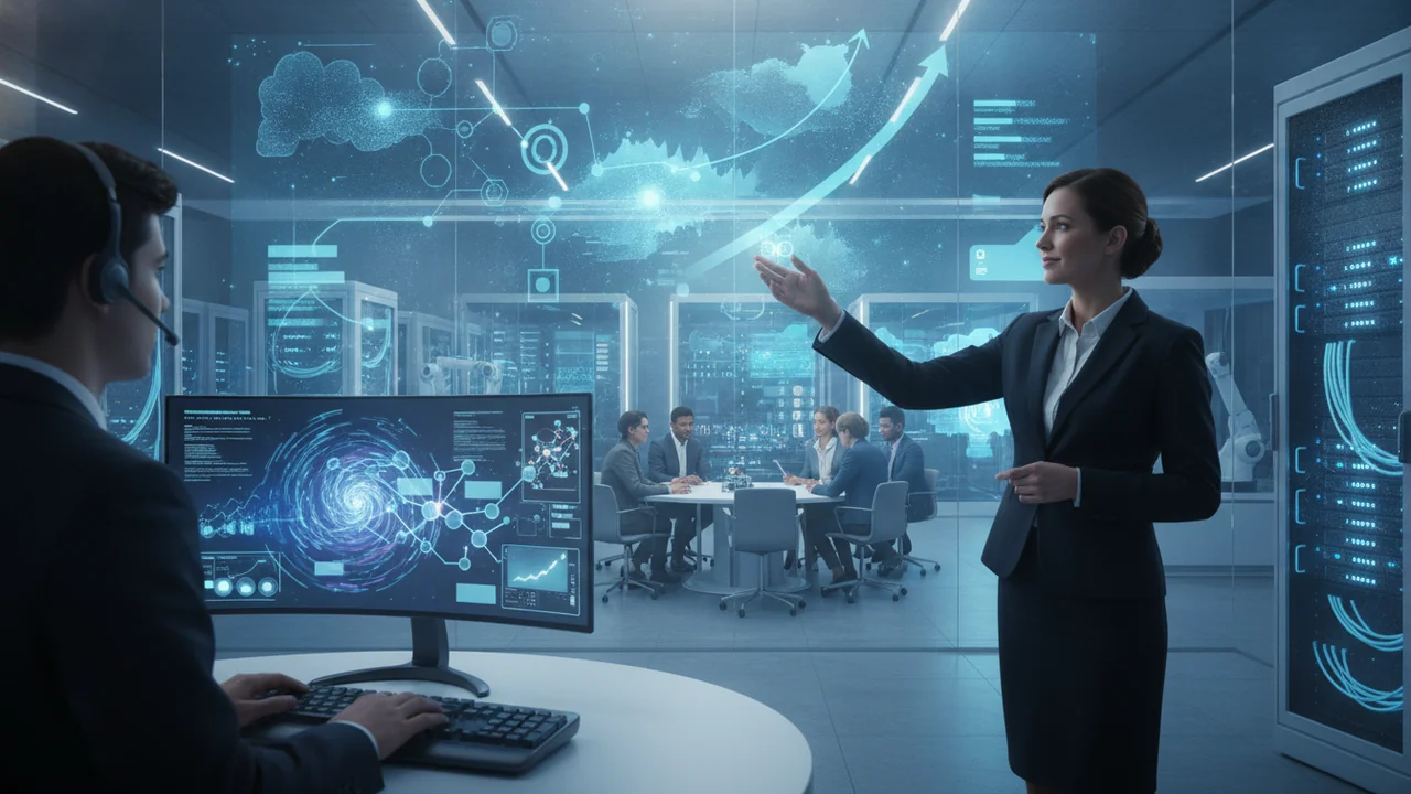 A confident professional stands in a minimalist, high-tech presentation space, gesturing towards a large, transparent display or holographic projection