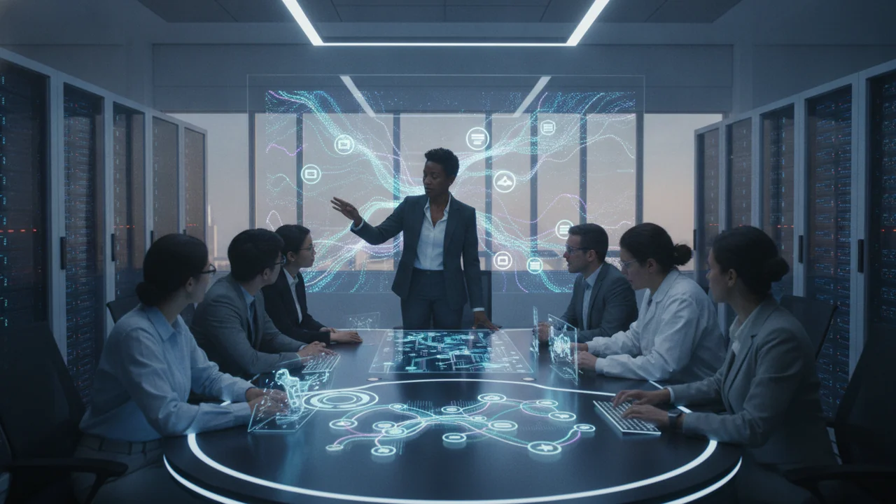 A project manager, a person of color, is confidently leading a diverse team meeting in a modern, well-lit office