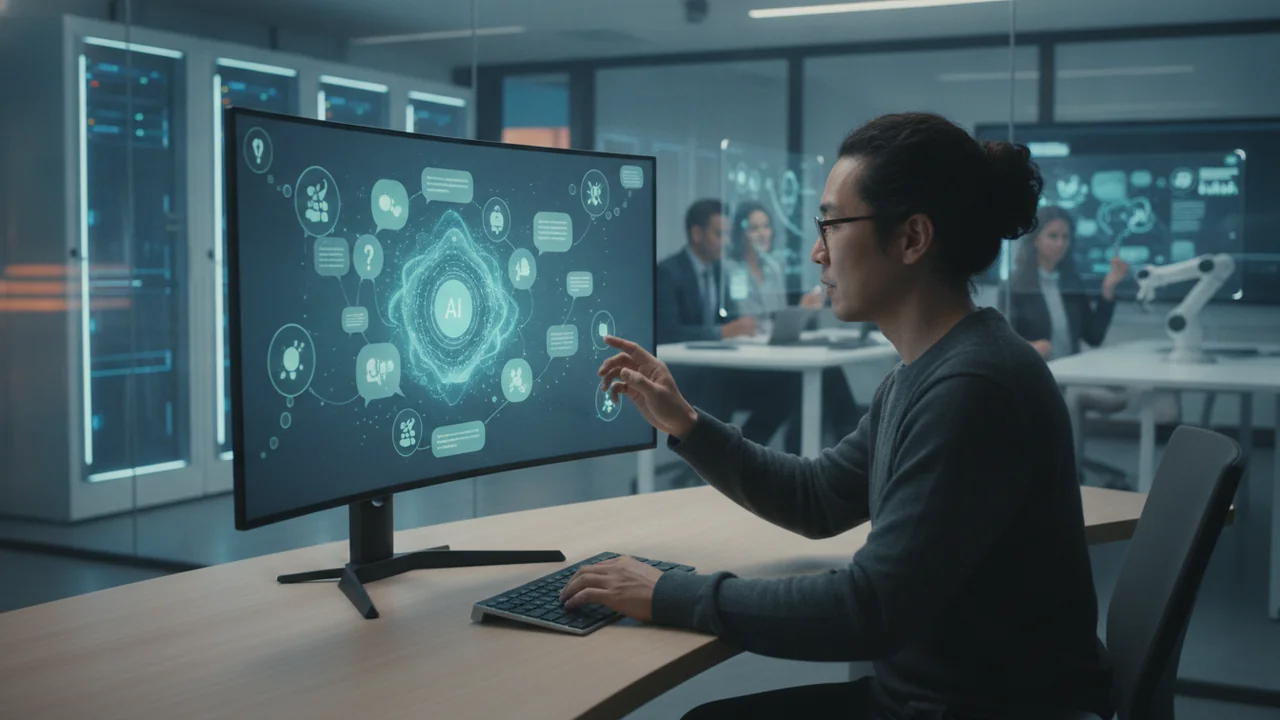 An adult person, diverse in appearance, sits at a desk, thoughtfully engaging with a large monitor