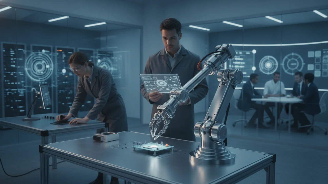 A robotic arm with multiple joints and delicate grippers performing a highly precise task, such as carefully placing a miniature component onto a circuit board or conducting a delicate operation on a