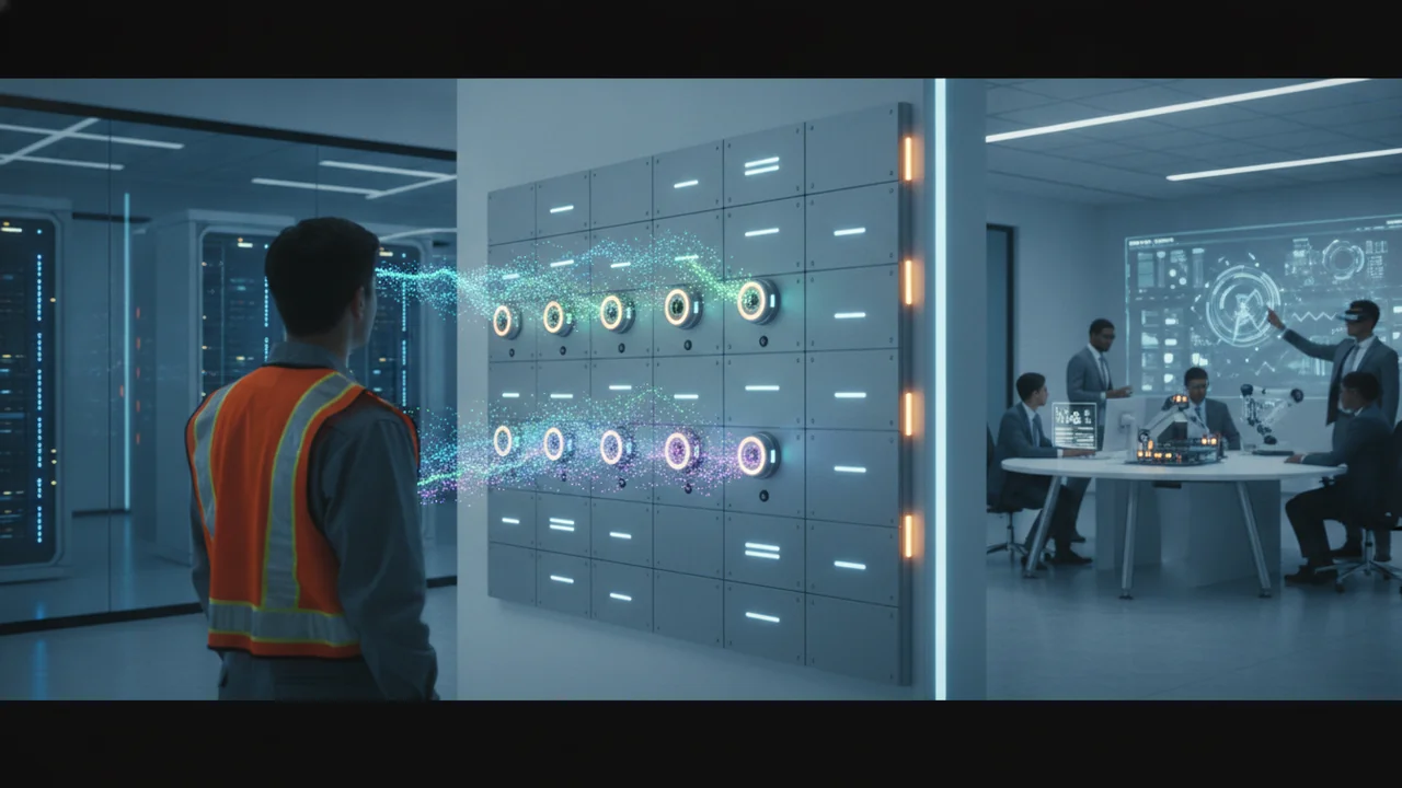 A technician in a clean, high-tech factory or airport environment, wearing a safety vest, observing a wall-mounted sensor array