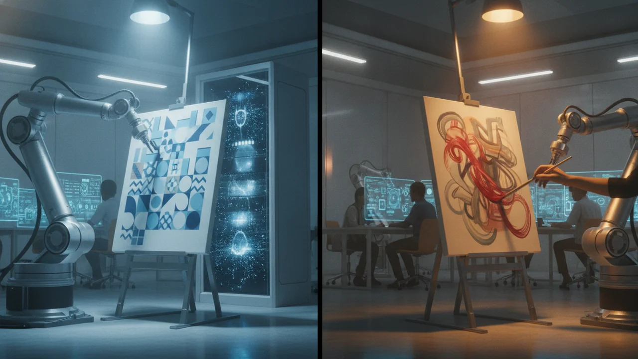 A robotic arm, equipped with a painting tool, is meticulously applying geometric, repetitive patterns to a canvas, resulting in an aesthetically sterile and predictable image